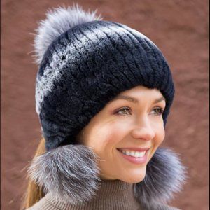 NWT Overland Rex Rabbit Fur Beanie Hat Fox Pom Pom